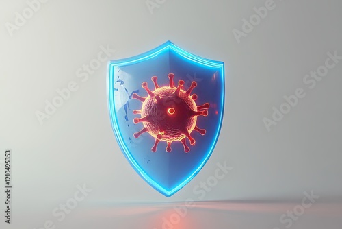 Shield with glowing blue outline blocking red virus symbol, clean white background, antivirus concept