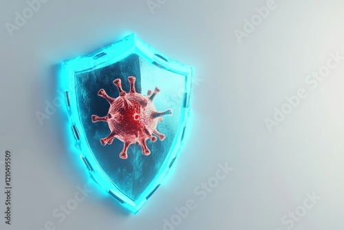 Shield with glowing blue outline blocking red virus symbol, clean white background, antivirus concept