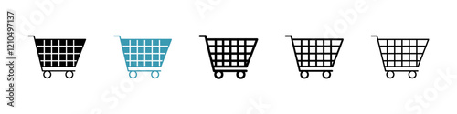 shopping cart icons in black and blue set