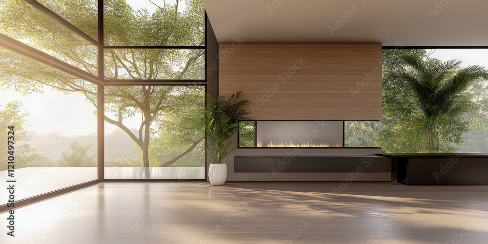 Fototapeta premium Modern living room with large windows and natural greenery in the background during sunset