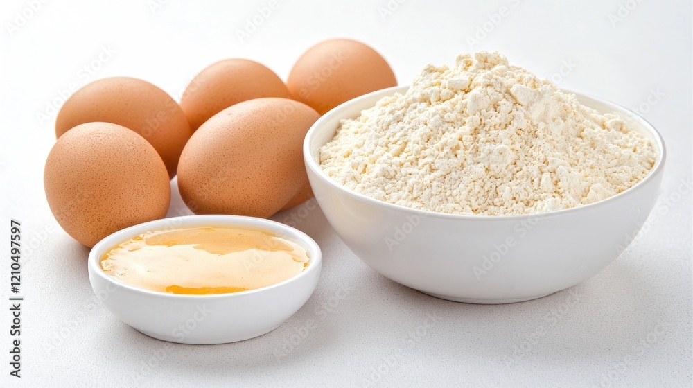 Baking ingredients flour, eggs, and egg yolk on white background; recipe preparation Baking ingredients flour, eggs, and egg yolk on white background; recipe preparation