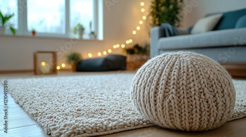 Cozy knitted pouf on rug, living room, lights