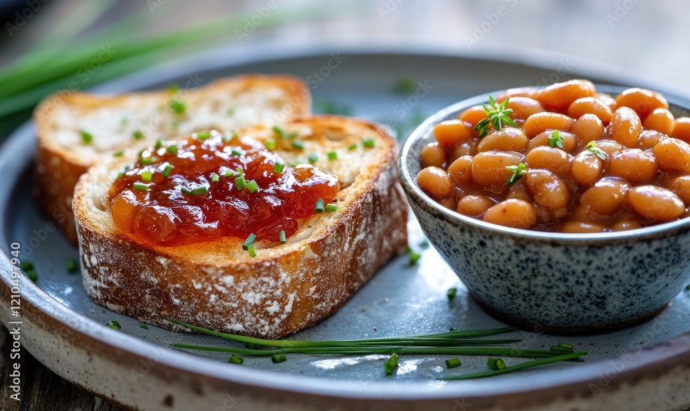 Delicious Toasted Bread with Jam and Baked Beans Delicious Toasted Bread with Jam and Baked Beans