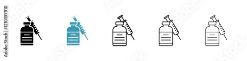 Vaccine vial icons in black and blue set