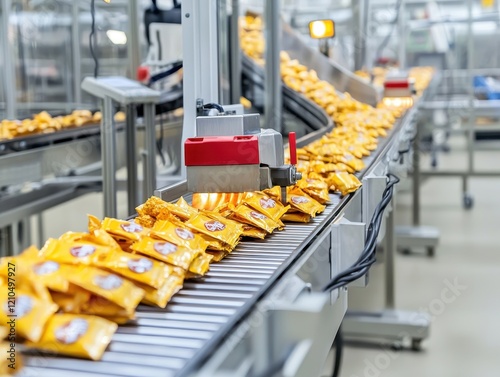 packing products wrapping efficiency Concept. Conveyor belt with packaged snacks in a production facility.