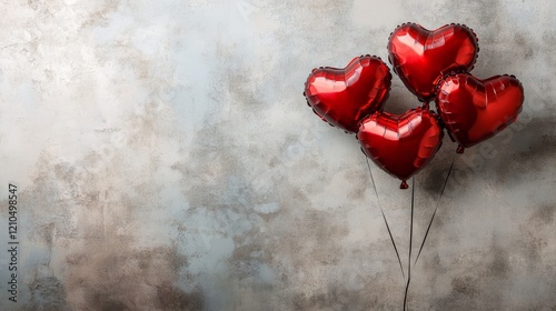 floating red heart balloons on soft light background, high detail, elegant and romantic, warm and festive Valentine's Day atmosphere, inviting and cheerful