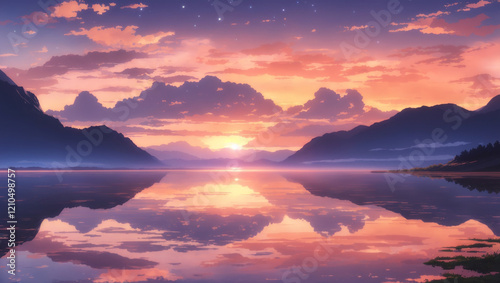 A serene landscape illustration features a colorful sunset over a reflective lake surrounded by mountains, displayed in a file submission interface. The image is tagged as illustrative editorial conte