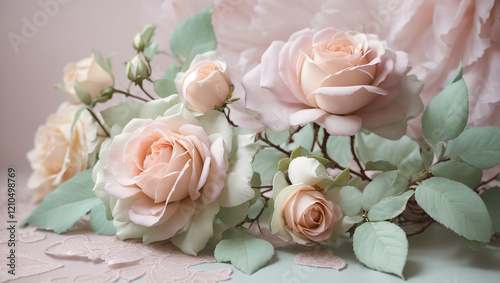 A close-up of several soft, pink roses with green leaves. This is a stock image, among many others, shown in an Adobe Stock upload view.
