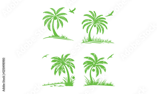 Palm silhouettes. Highly Detailed Palm Trees, Tropical trees for design about nature. A palm tree isolated on white. Black palm trees set isolated on white background.