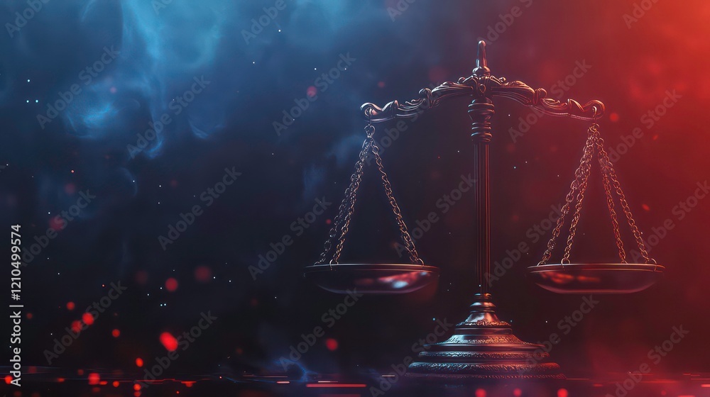 Justice scales on dark background with smoke and sparks.