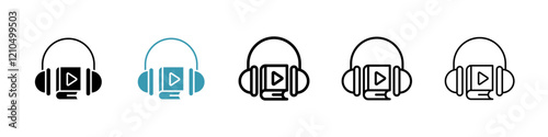 Audiobook icons set in black filled and stroke line style