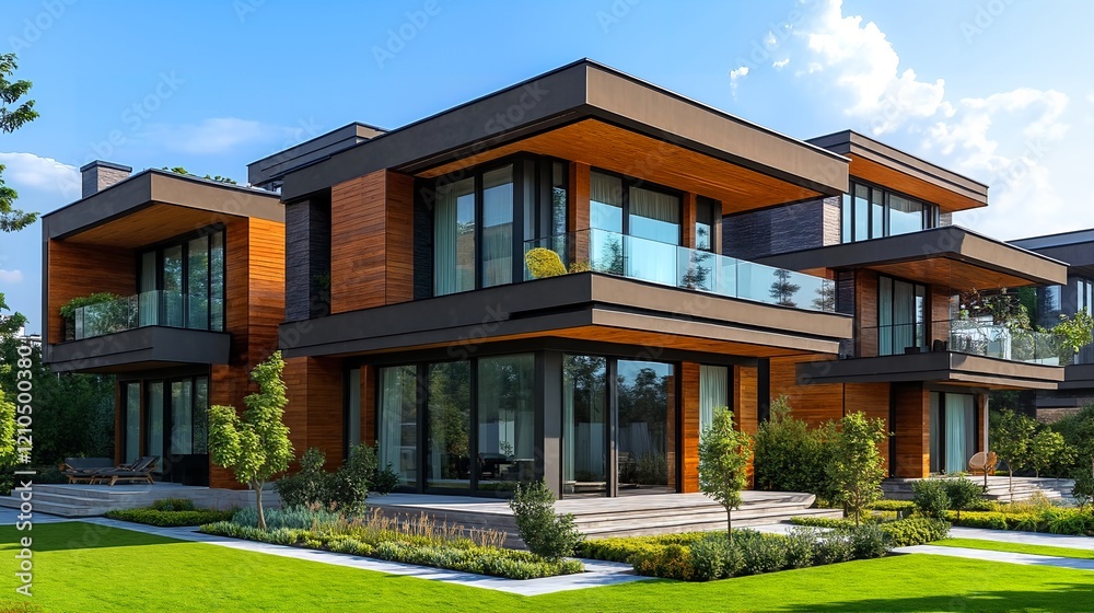 modern home with large windows and wooden accents. modern home with large windows and wooden accents.