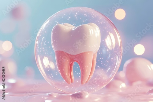 Highly detailed 3D illustration of a white healthy tooth in pink gums, glowing bubble encapsulation, clean gradient background, focus on dental care, hygiene, protection, oral health