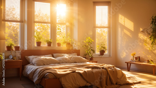 A warm bedroom with a sunlight-filled window is shown, displaying soft colors and potted plants. This image is flagged as AI-generated on Adobe Stock.