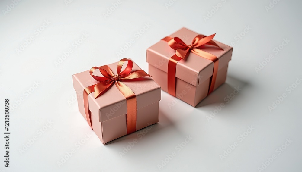 Two Pink Gift Boxes Adorned with Red Ribbons and Bows on a White Background Two Pink Gift Boxes Adorned with Red Ribbons and Bows on a White Background