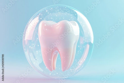 Highly detailed 3D illustration of a white healthy tooth in pink gums, glowing bubble encapsulation, clean gradient background, focus on dental care, hygiene, protection, oral health