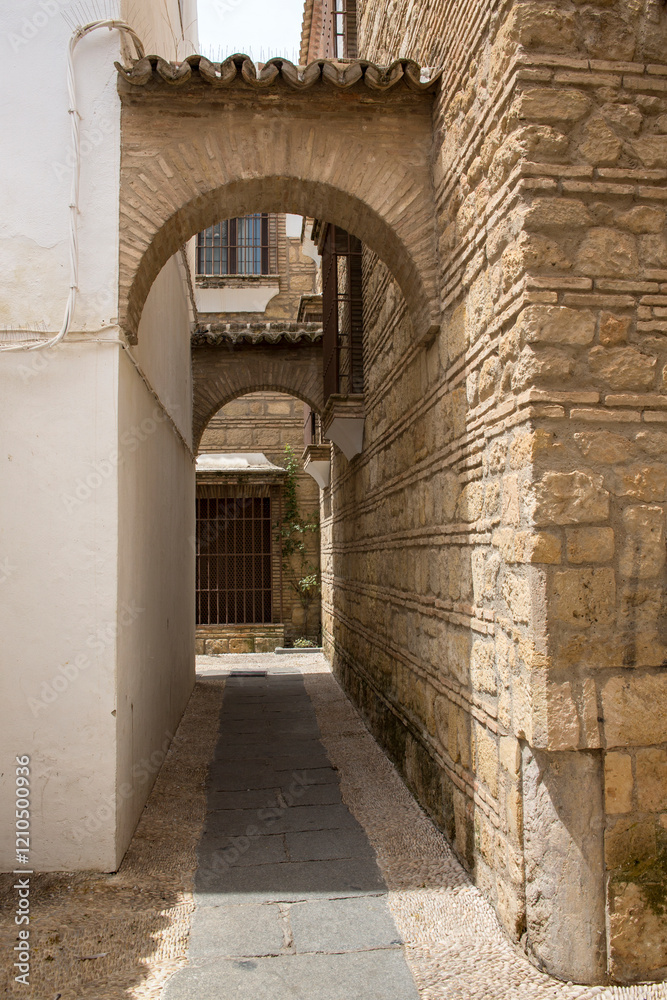Fototapeta premium Empty alley between houses in Cordoba, Spain. Street in the old town with arches.