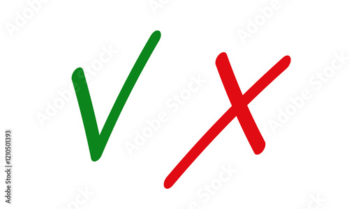 Handwritten Сheck Mark and Cross symbol. Correct and Wrong Versus brush line icon