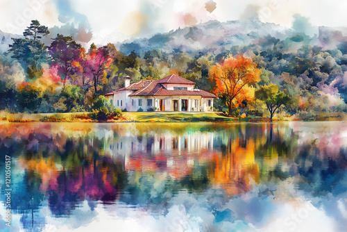 Stunning Watercolor-Inspired Landscape with House and Autumn Foliage