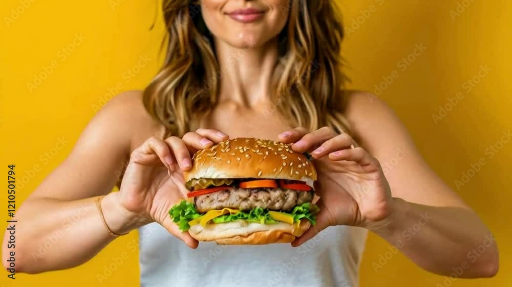 Woman Holding a Delicious Burger Against a Yellow Background Woman Holding a Delicious Burger Against a Yellow Background