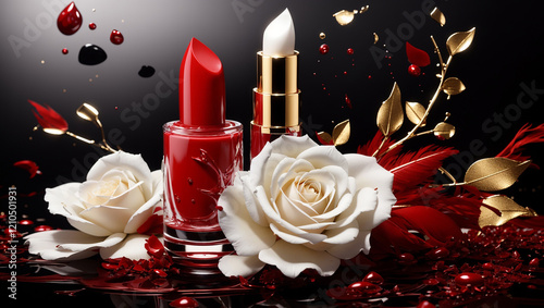 A still life of makeup and flowers for an Adobe Stock upload. A red lipstick, clear nail polish, and two white roses are prominent against a dark background with gold accents.