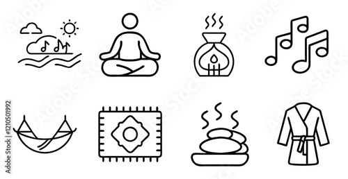 Icon collection featuring relaxation and wellness themes including meditation, music, and spa elements