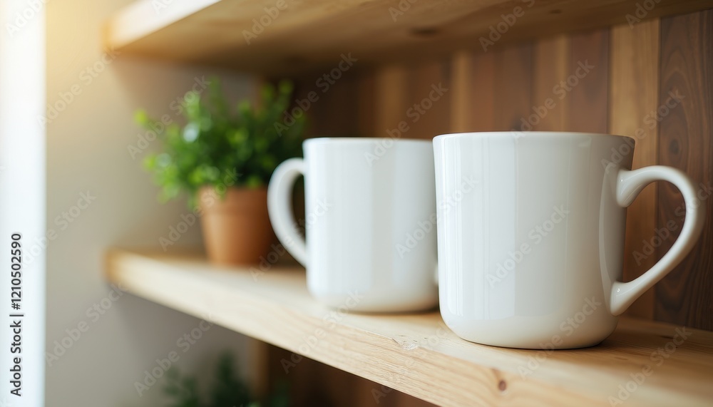 Glossy White Mugs and Vibrant Green Plant on a Wooden Shelf with Blurred Background Glossy White Mugs and Vibrant Green Plant on a Wooden Shelf with Blurred Background