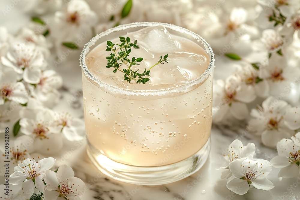 Refreshing spring drink with ice and herbs, garnished with blossoms.