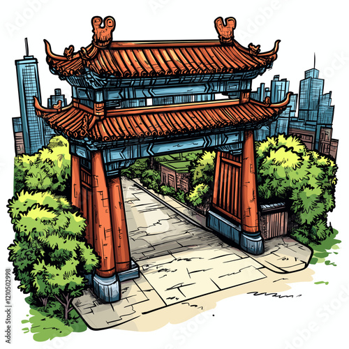 Vector comic hand-drawn illustration of Chinatown gate. Chinatown gate in New York