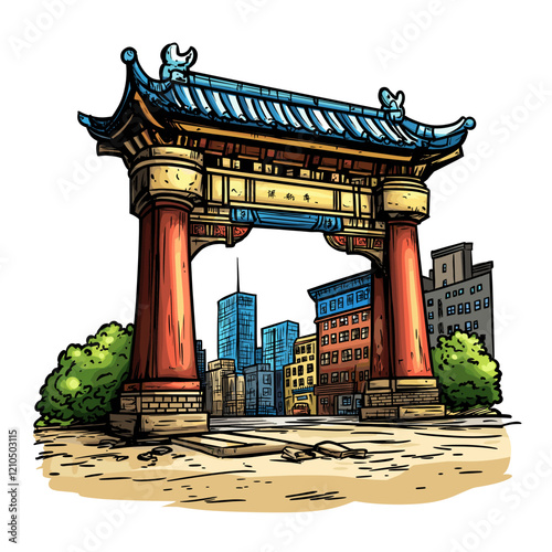 Vector comic hand-drawn illustration of Chinatown gate. Chinatown gate in New York