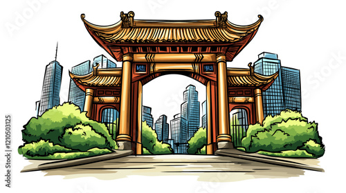 Vector comic hand-drawn illustration of Chinatown gate. Chinatown gate in New York