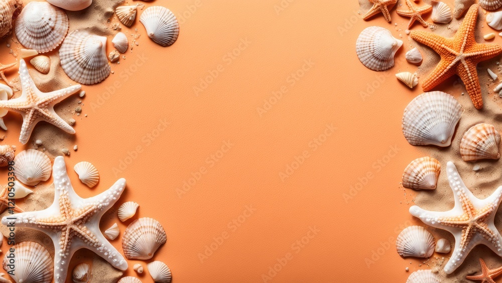 Obraz premium Summer background in orange tones. Seashells, sea sand and starfish on a pale orange background. A photo with a place to copy the text.