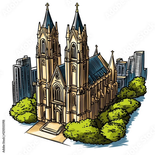 Vector comic hand-drawn illustration of Saint Patricks Cathedral. Saint Patricks Cathedral in New York