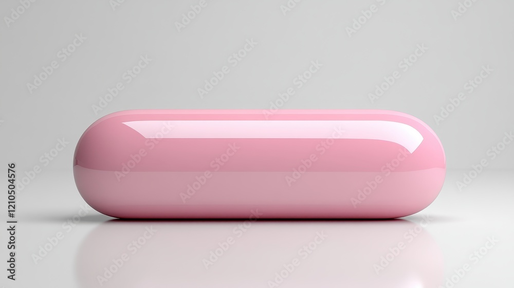 A smooth, pink capsule resting on a reflective surface. A smooth, pink capsule resting on a reflective surface.