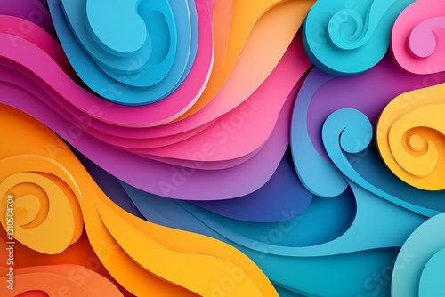 Vibrant Abstract Artwork with Multicolored Swirls and 3D Layered Texture