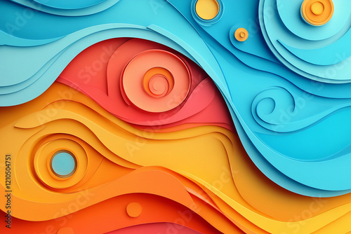 Dynamic Abstract Art with Multicolored 3D Layered Waves and Circular Designs