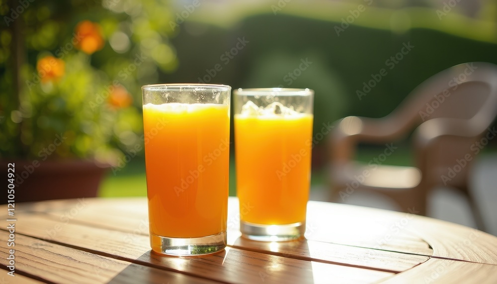 Blurred Background: Two Glasses of Oran Juice on a Wooden Table with Flower Pot and Chair Blurred Background: Two Glasses of Oran Juice on a Wooden Table with Flower Pot and Chair