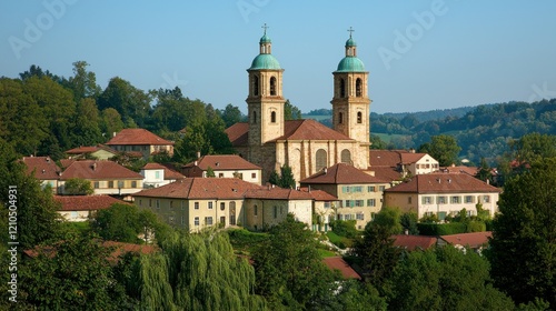 Arlesheim cathedral overlooking village, forested hills backdrop, potential tourism promotion photo