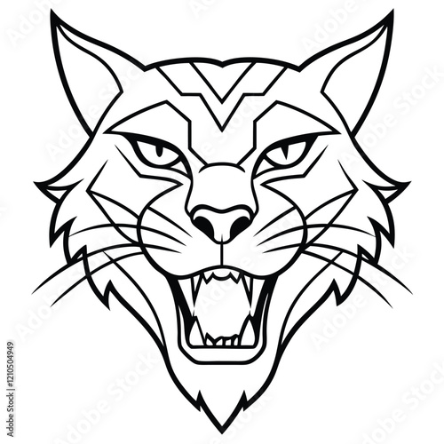 A minimalist line art design of a  big cat head, showcasing sharp angular lines and flowing curves to highlight with piercing eyes.