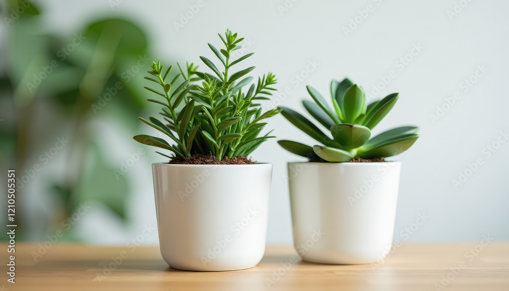 Blurred Background: Two White Ceramic Pots with Succulent Plants on Wooden Table Blurred Background: Two White Ceramic Pots with Succulent Plants on Wooden Table