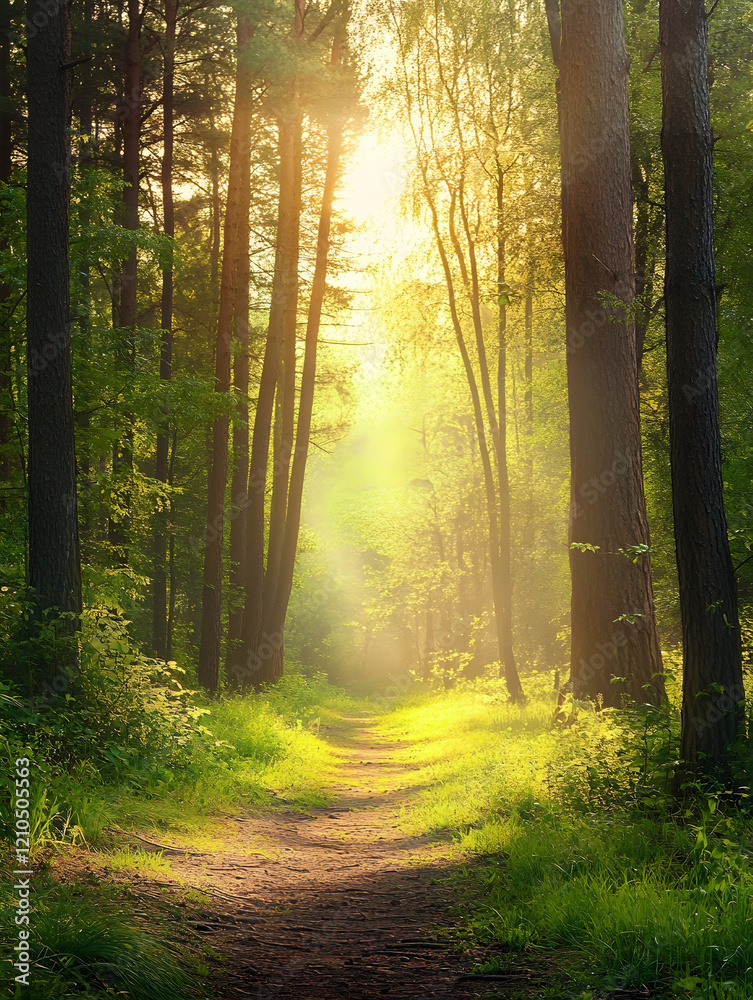 Fototapeta premium Sunlit Forest Path Leading Through Majestic Greenery and Tall Trees : Generative AI