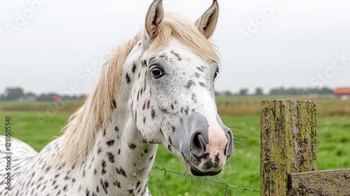 Appaloosa horse portrait, rural field, overcast day, farm background, equestrian stock photo photo