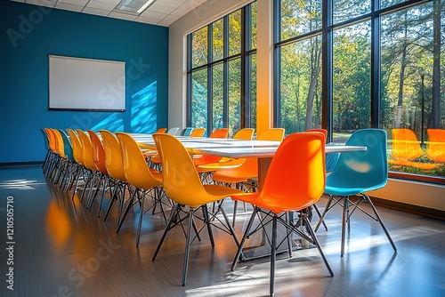 Modern meeting room with colorful chairs and large windows overlooking a green landscape. photo