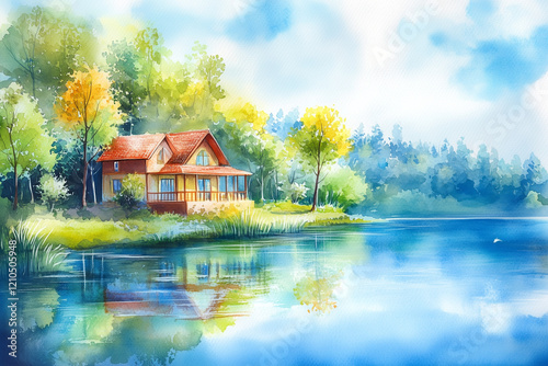 Serene Lake House with Lush Greenery and Clear Reflections