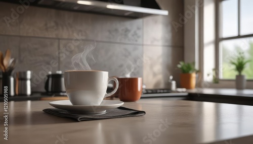 Wallpaper Mural A steaming hot cup of coffee placed on a modern, minimalist kitchen counter, atmosphere, calm Torontodigital.ca