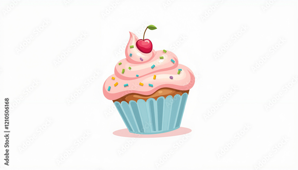 Colorful cupcake with pink frosting and cherry on white background Colorful cupcake with pink frosting and cherry on white background