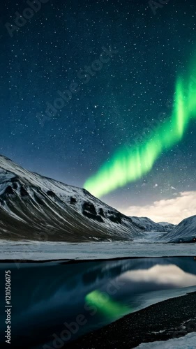 Northern lights illuminate a mountainous landscape during a clear night sky in Iceland