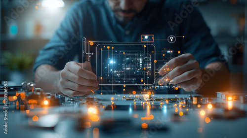 Innovative technological development event modern workspace digital interaction home office high-tech environment close-up viewpoint future concepts for aspiring engineers