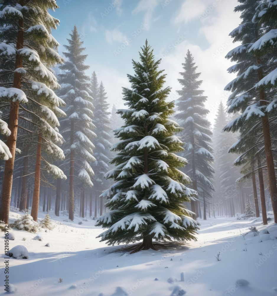 A stunning fir Christmas tree placed in a snow-covered forest with towering pine trees and a blanket of fresh snow, frosty, pine trees