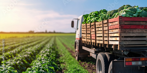 Fresh cabbage loaded on truck in green field rows. agricultural transport photo